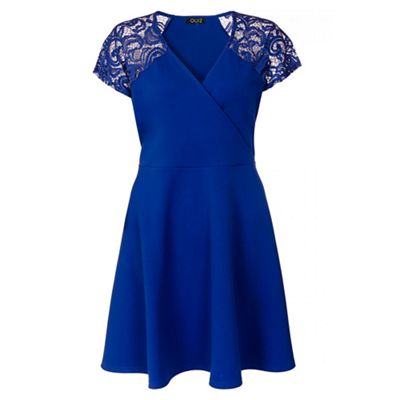 Curve royal blue lace sleevess wrapover skater dress